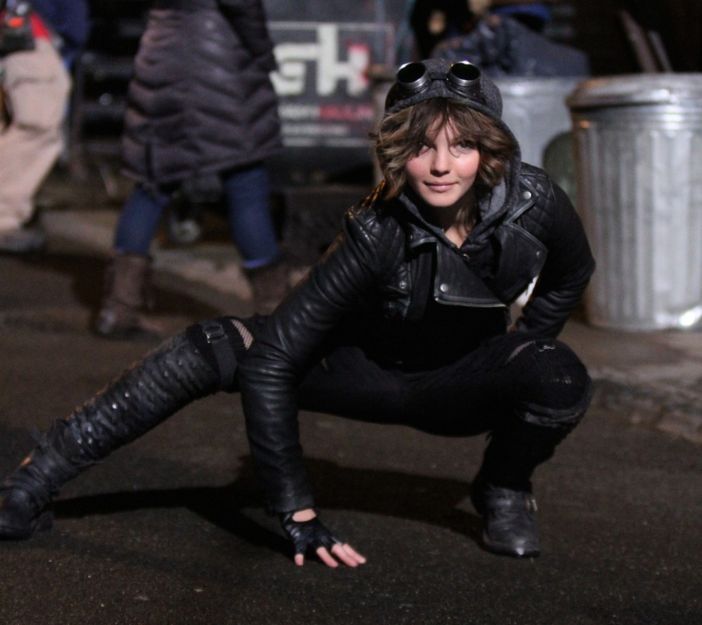 Camren Bicondova who plays Selina Kyle was pictured on her Catwoman costume on the set of the 'Gotham' Tv series in Downtown, Manhattan, New York City