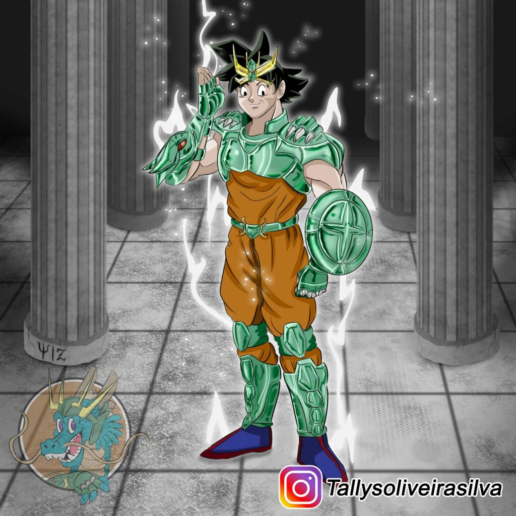 Ilustración nos muestra a Goku con la armadura de Shiryu de Los Caballeros  del Zodiaco | Atomix