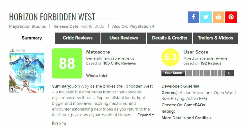 Horizon Forbidden West Is Getting User Review Bombed On Metacritic